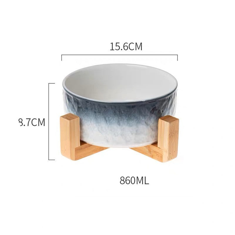 Ceramic dog bowl with bamboo stand – Ocean Blue