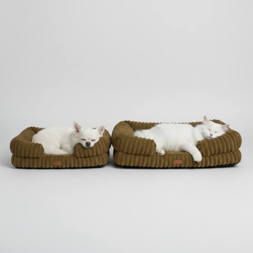 White Chihuahua and white cat sleeping in matching khaki plush bolster pet beds, small and large sizes