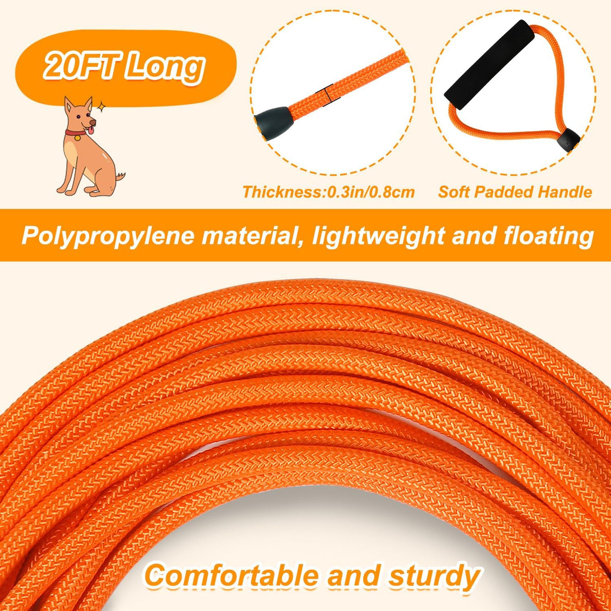 Floating Long Dog Leash, 20FT Dog Training Leash, Orange
