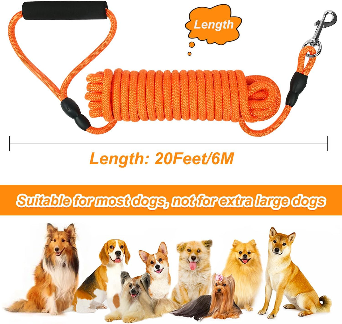 Floating Long Dog Leash, 20FT Dog Training Leash, Orange