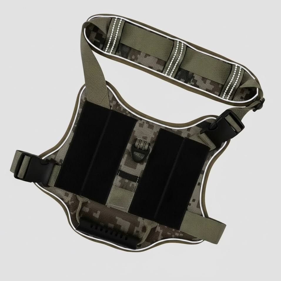 Tan camo tactical dog harness laid flat, back view showing MOLLE straps, D-ring and padded top handle
