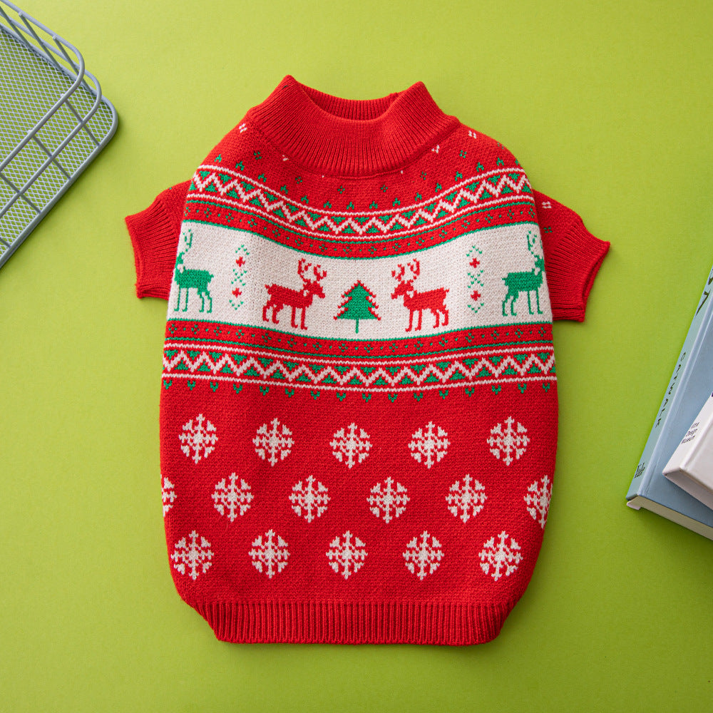 Red fair-isle Christmas dog sweater with reindeer and trees