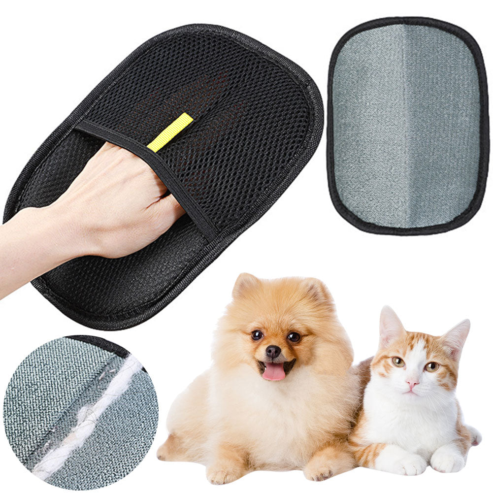Pet hair remover mitt with collected fur next to a dog and a cat
