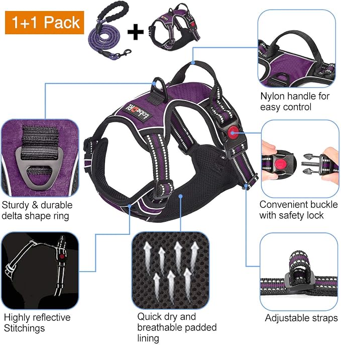 No Pull Dog Harness Adjustable Reflective Oxford Easy Control Medium Large Dog Harness with a Free Heavy Duty 5Ft Dog Leash, Blue, S