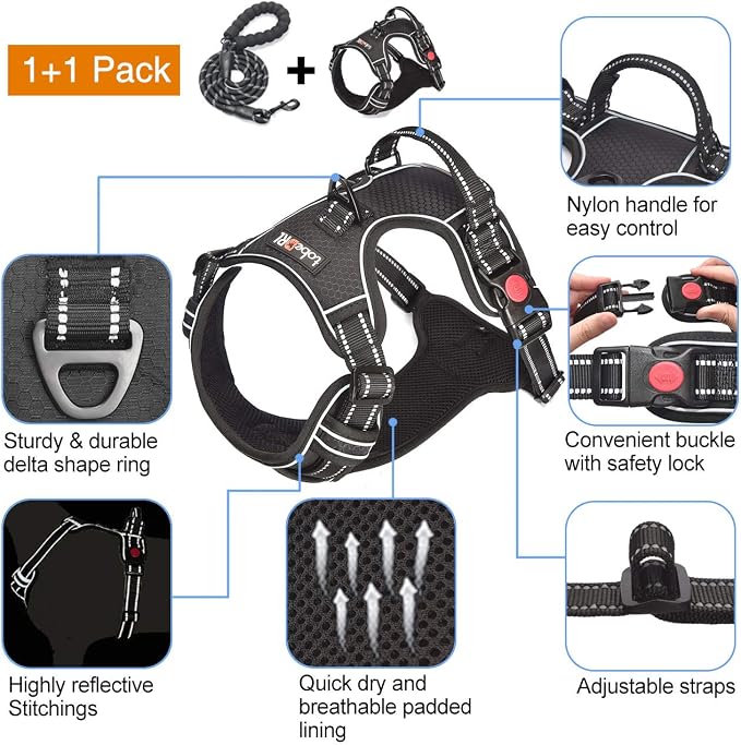 No Pull Dog Harness Adjustable Reflective Oxford Easy Control Medium Large Dog Harness with a Free Heavy Duty 5Ft Dog Leash, Blue, S