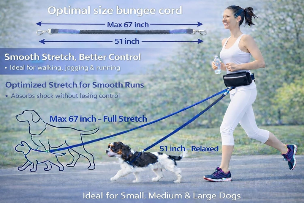 Hands Free Dog Leash with Waist Belt & Large Zipper Pouch, Waist Leash for Dog Walking, Running & Hiking, Reflective Stitching & Dual Padded Handles, Ideal for Medium to Large Dogs (Black Blue)