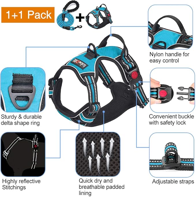 No Pull Dog Harness Adjustable Reflective Oxford Easy Control Medium Large Dog Harness with a Free Heavy Duty 5Ft Dog Leash, Blue, S