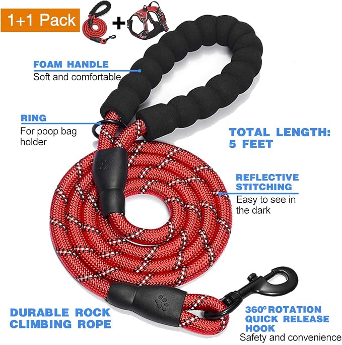No Pull Dog Harness Adjustable Reflective Oxford Easy Control Medium Large Dog Harness with a Free Heavy Duty 5Ft Dog Leash, Blue, S