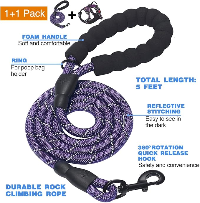 No Pull Dog Harness Adjustable Reflective Oxford Easy Control Medium Large Dog Harness with a Free Heavy Duty 5Ft Dog Leash, Blue, S