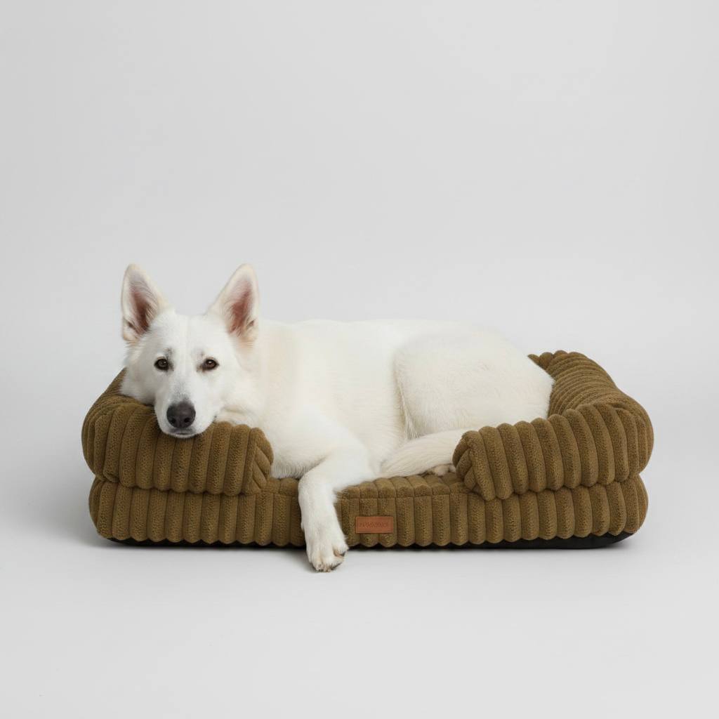 White Swiss Shepherd resting in khaki plush bolster dog bed