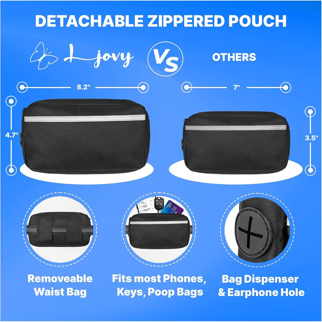 Hands Free Dog Leash with Waist Belt & Large Zipper Pouch, Waist Leash for Dog Walking, Running & Hiking, Reflective Stitching & Dual Padded Handles, Ideal for Medium to Large Dogs (Black Blue)