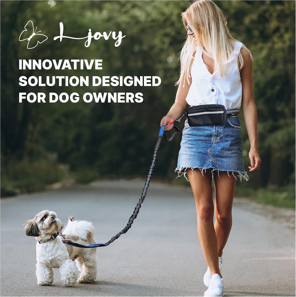 Hands Free Dog Leash with Waist Belt & Large Zipper Pouch, Waist Leash for Dog Walking, Running & Hiking, Reflective Stitching & Dual Padded Handles, Ideal for Medium to Large Dogs (Black Blue)