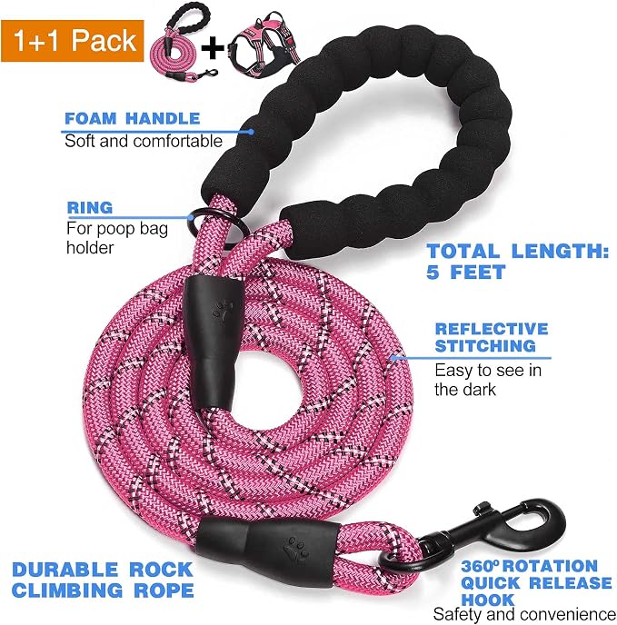 No Pull Dog Harness Adjustable Reflective Oxford Easy Control Medium Large Dog Harness with a Free Heavy Duty 5Ft Dog Leash, Blue, S