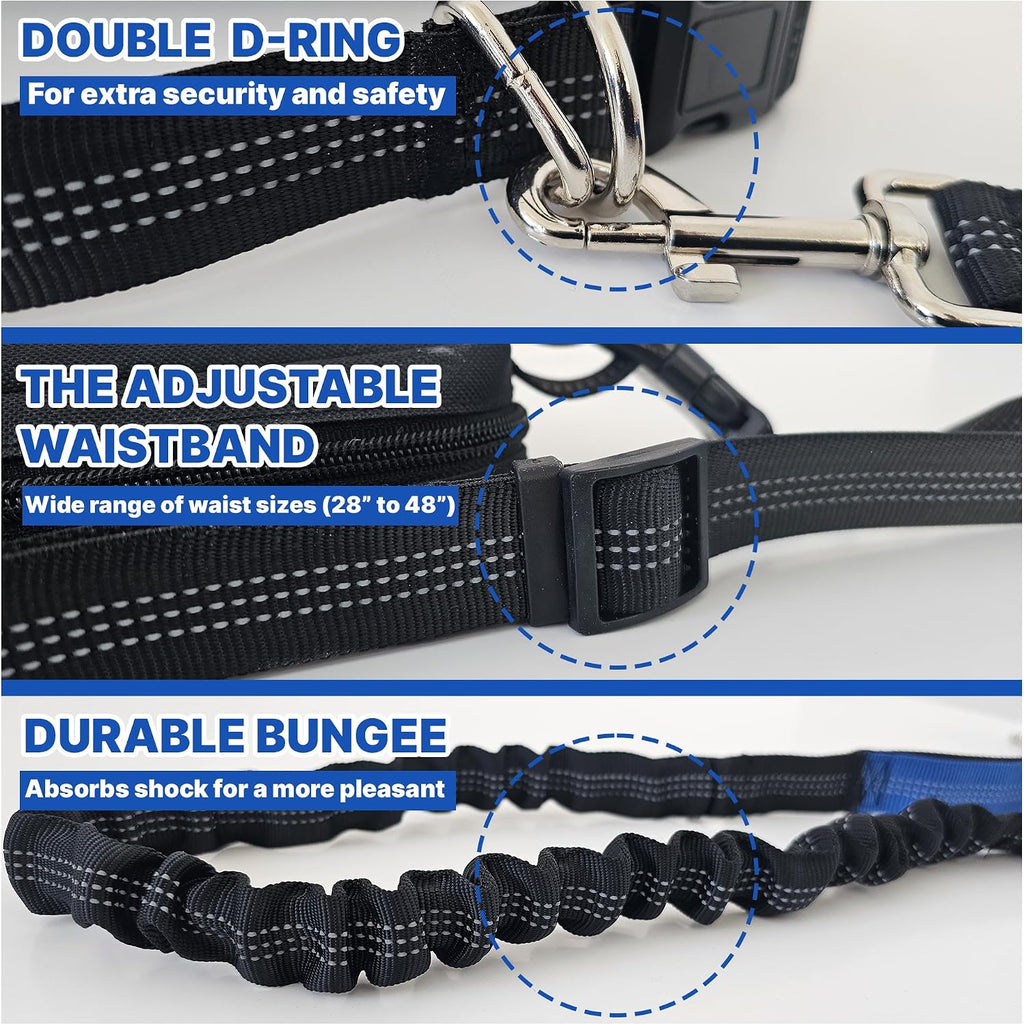 Hands Free Dog Leash with Waist Belt & Large Zipper Pouch, Waist Leash for Dog Walking, Running & Hiking, Reflective Stitching & Dual Padded Handles, Ideal for Medium to Large Dogs (Black Blue)