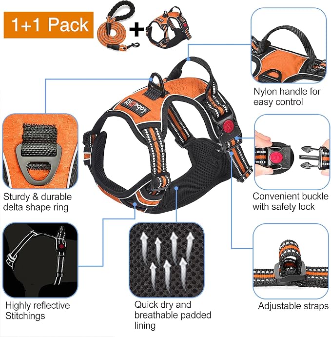 No Pull Dog Harness Adjustable Reflective Oxford Easy Control Medium Large Dog Harness with a Free Heavy Duty 5Ft Dog Leash, Blue, S