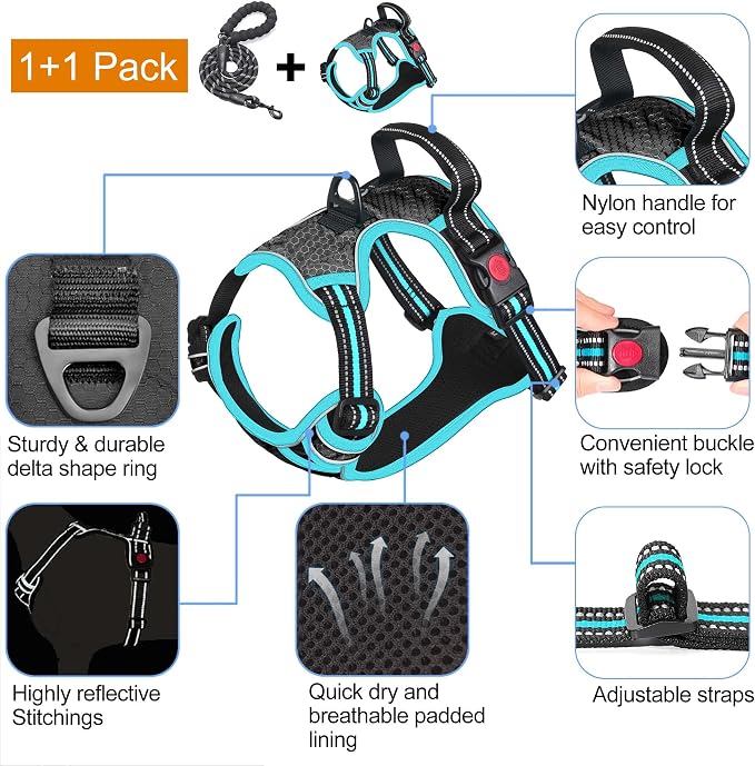 No Pull Dog Harness Adjustable Reflective Oxford Easy Control Medium Large Dog Harness with a Free Heavy Duty 5Ft Dog Leash, Blue, S
