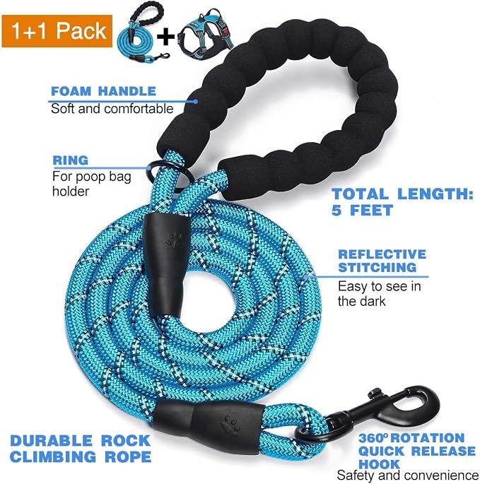 No Pull Dog Harness Adjustable Reflective Oxford Easy Control Medium Large Dog Harness with a Free Heavy Duty 5Ft Dog Leash, Blue, S