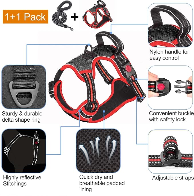 No Pull Dog Harness Adjustable Reflective Oxford Easy Control Medium Large Dog Harness with a Free Heavy Duty 5Ft Dog Leash, Blue, S