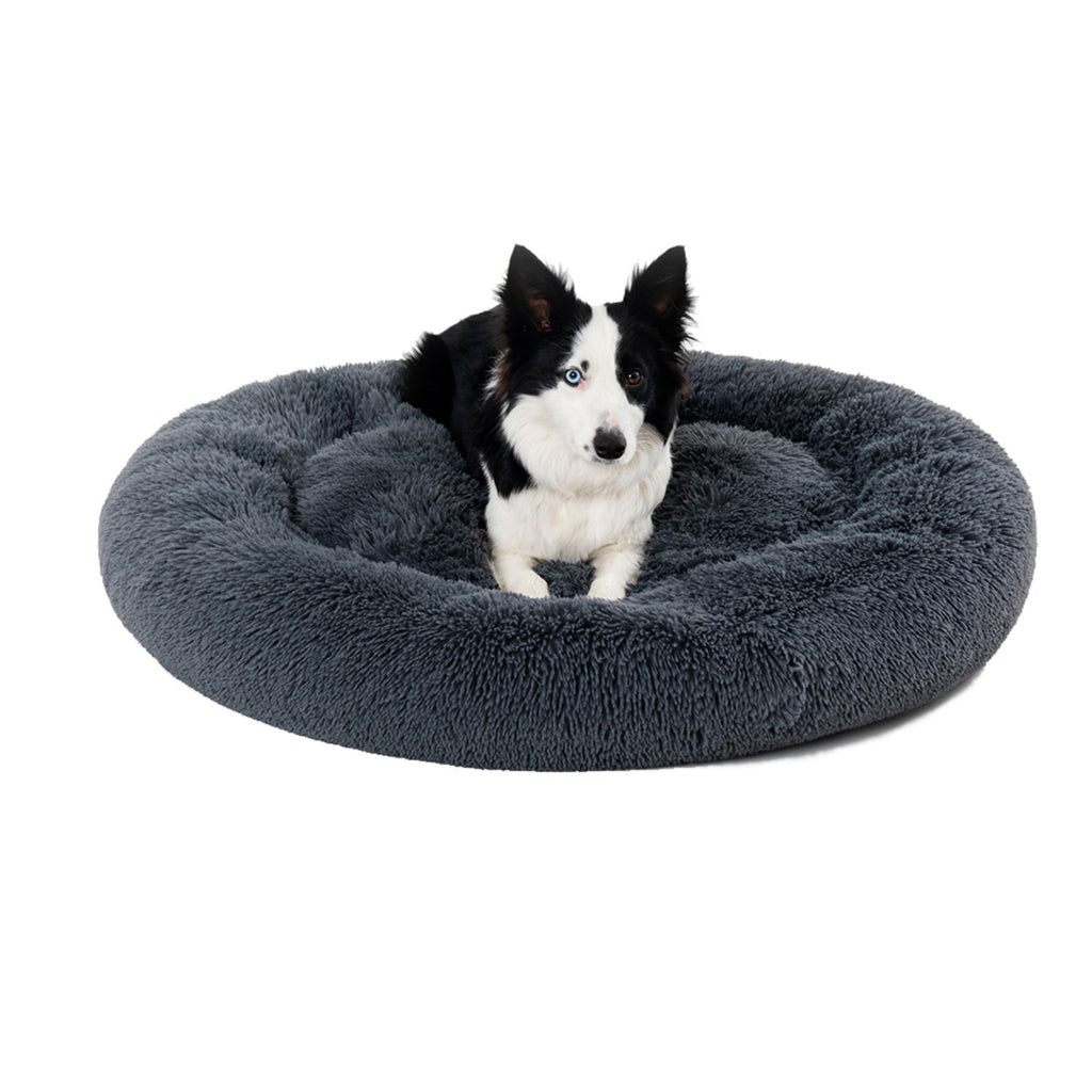 Dog relaxing in a fluffy donut bed