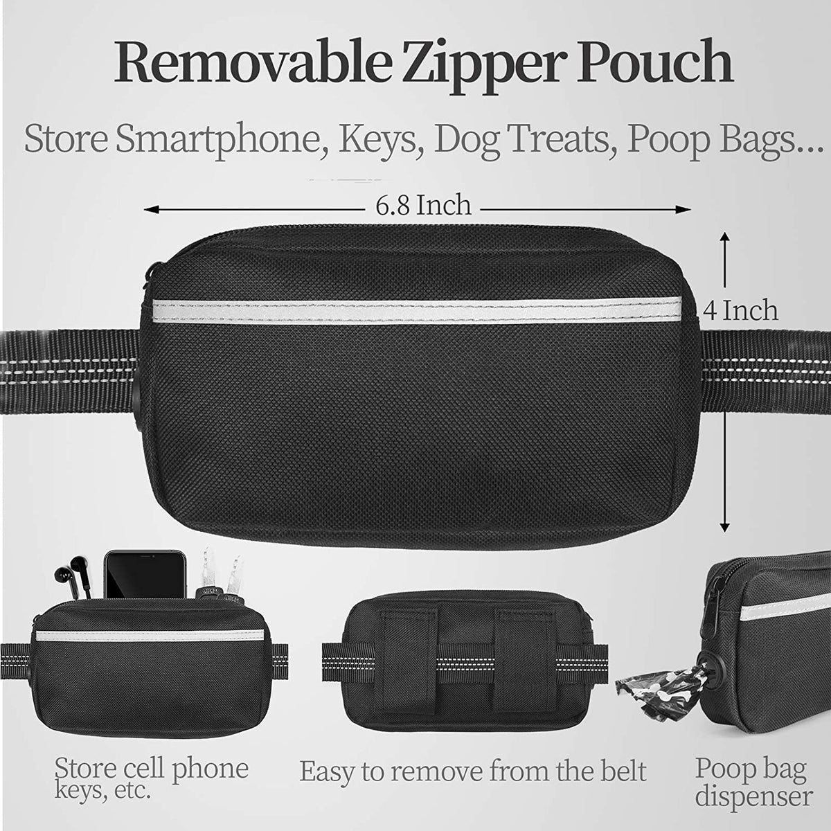 Hands Free Dog Leash with Zipper Pouch, Medium, 8-25 Lbs, Black