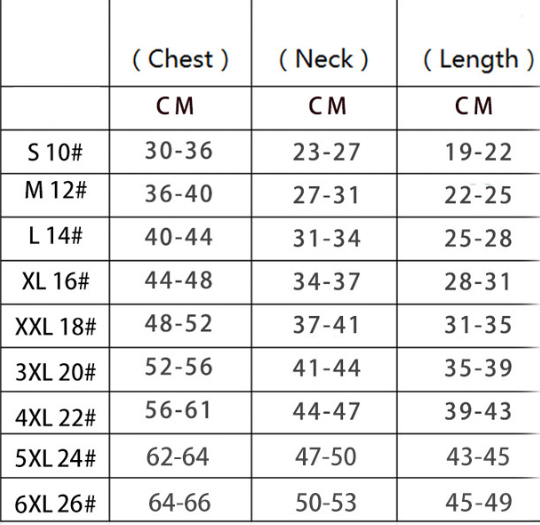 Dog snowsuit size chart