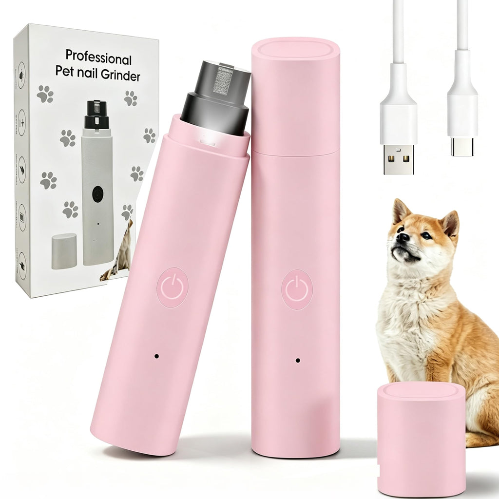 Pink and white rechargeable dog nail grinders with USB cable