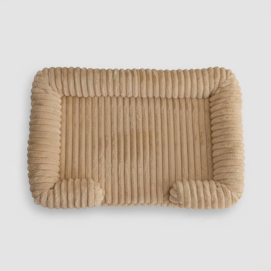 Tan plush bolster pet bed, top view showing ribbed corduroy texture and raised calming sides