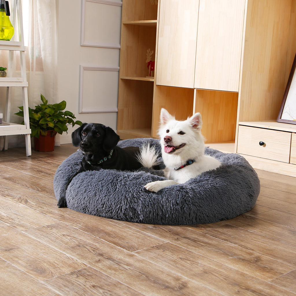 Two dogs on a calming donut bed at home