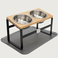 Elevated stainless steel double bowl feeder with bamboo platform, black metal frame and grey silicone mat