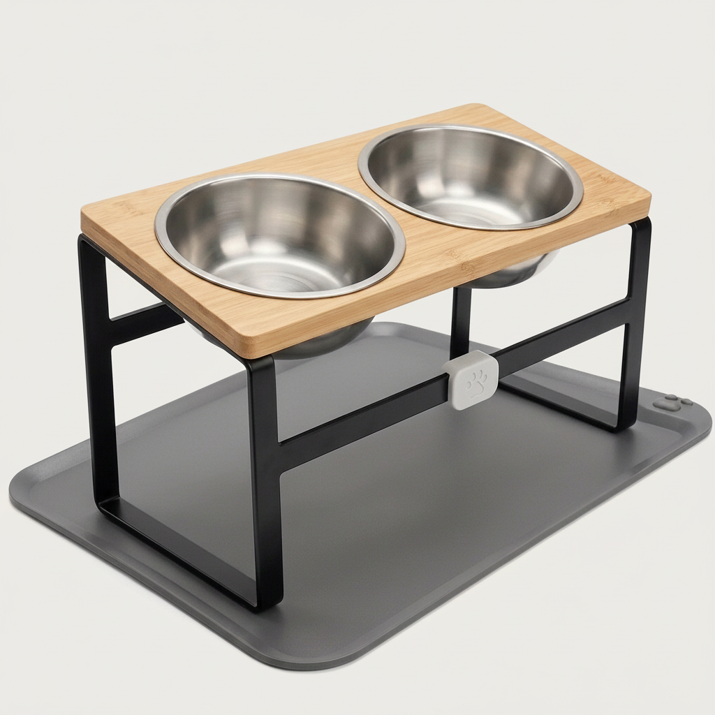Elevated stainless steel double bowl feeder with bamboo platform, black metal frame and grey silicone mat