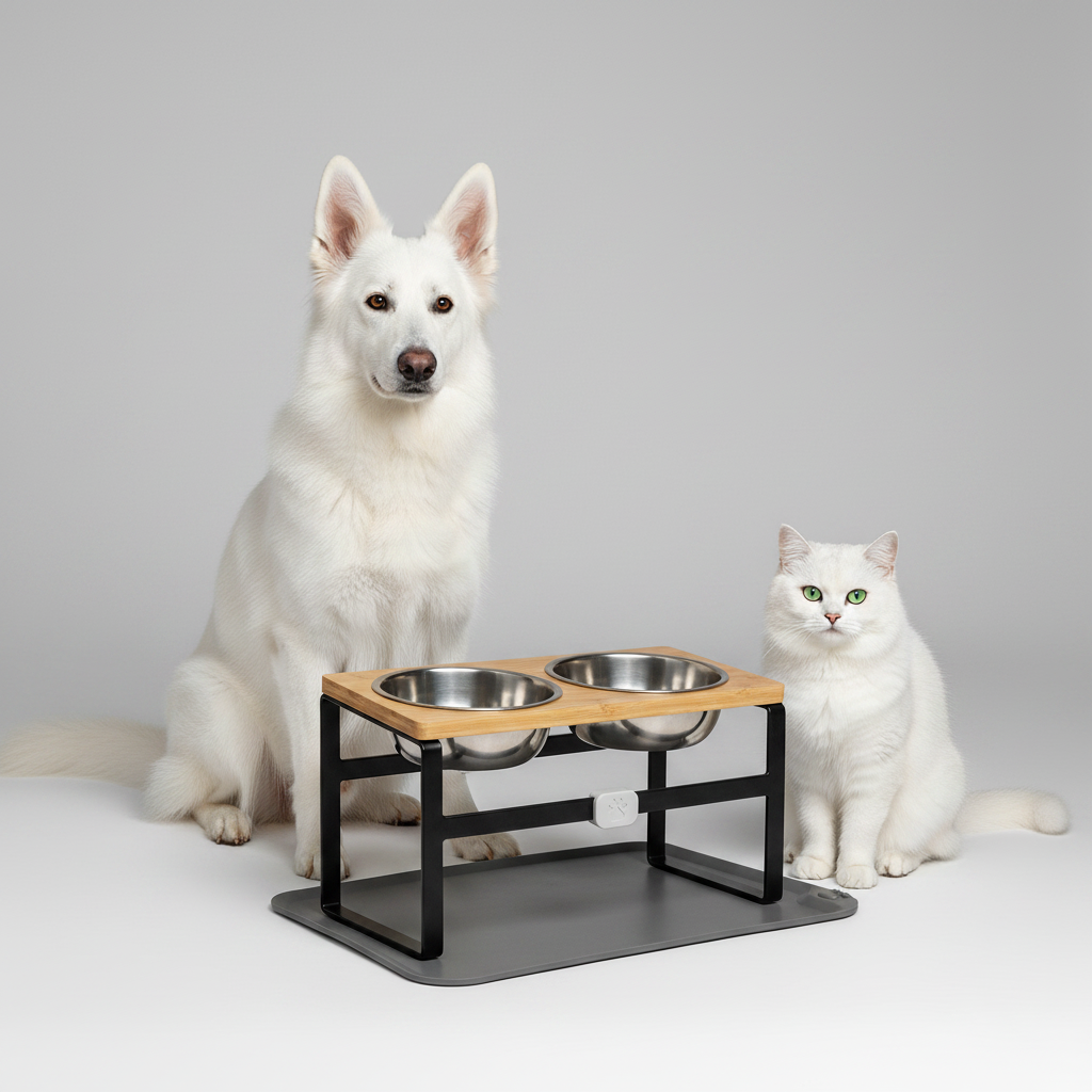 Bowl stand white shepherd and cat realistic