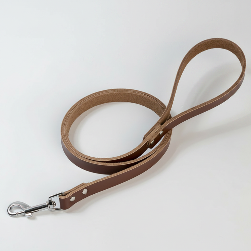 Brown genuine leather dog leash coiled with silver clasp on white background
