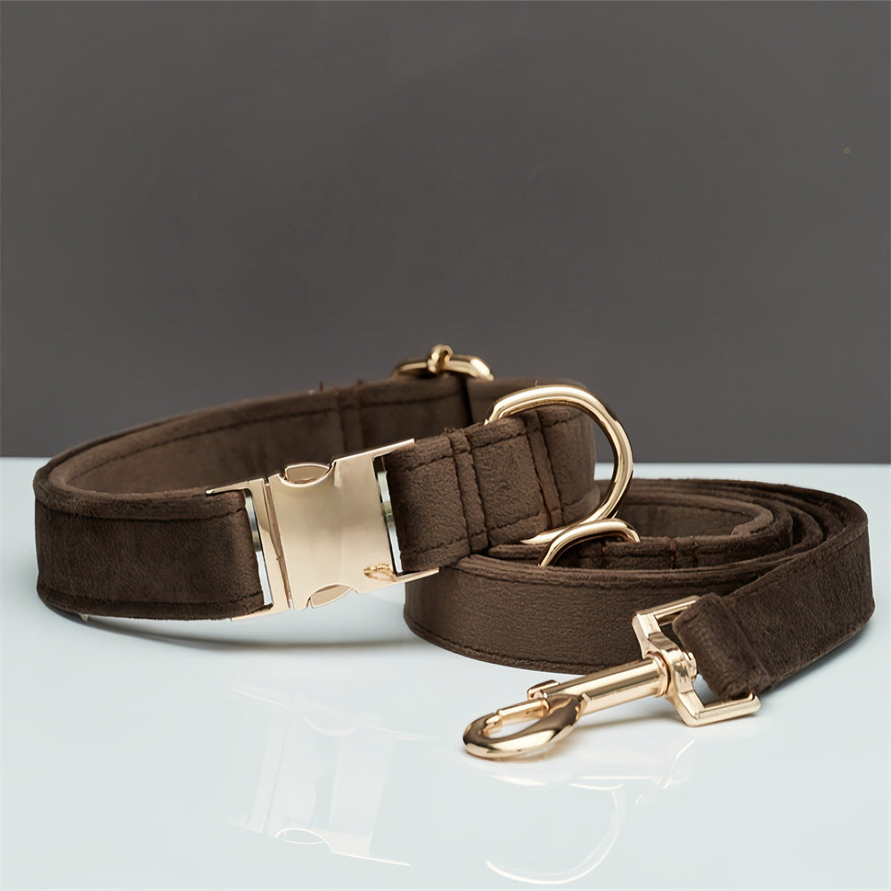 Velvet dog collar and leash set – Coffee