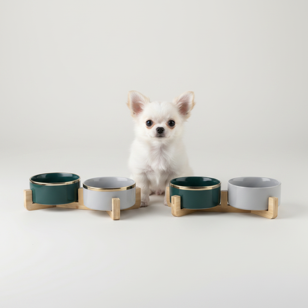 Chihuahua with gold and no-gold bowl sets