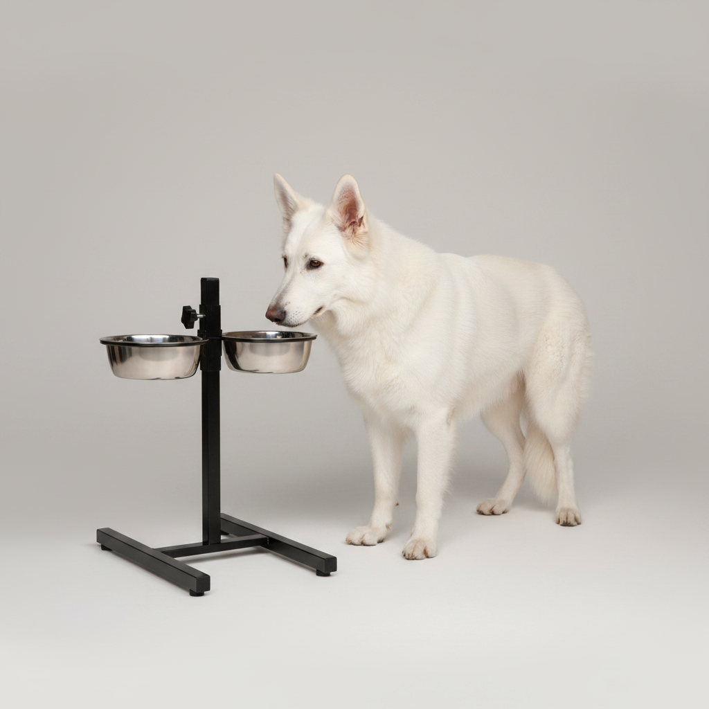 White Swiss Shepherd standing beside adjustable stainless steel double bowl stand