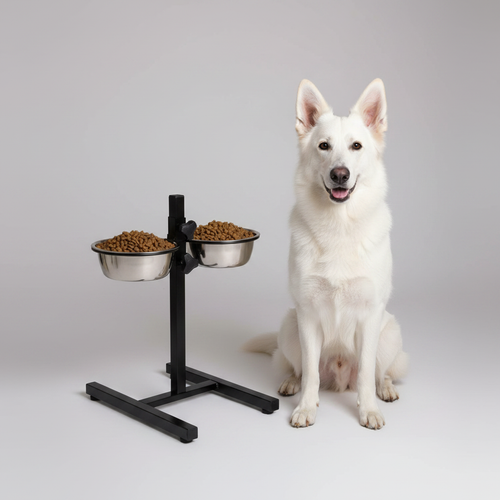 Dog sitting beside bowl stand
