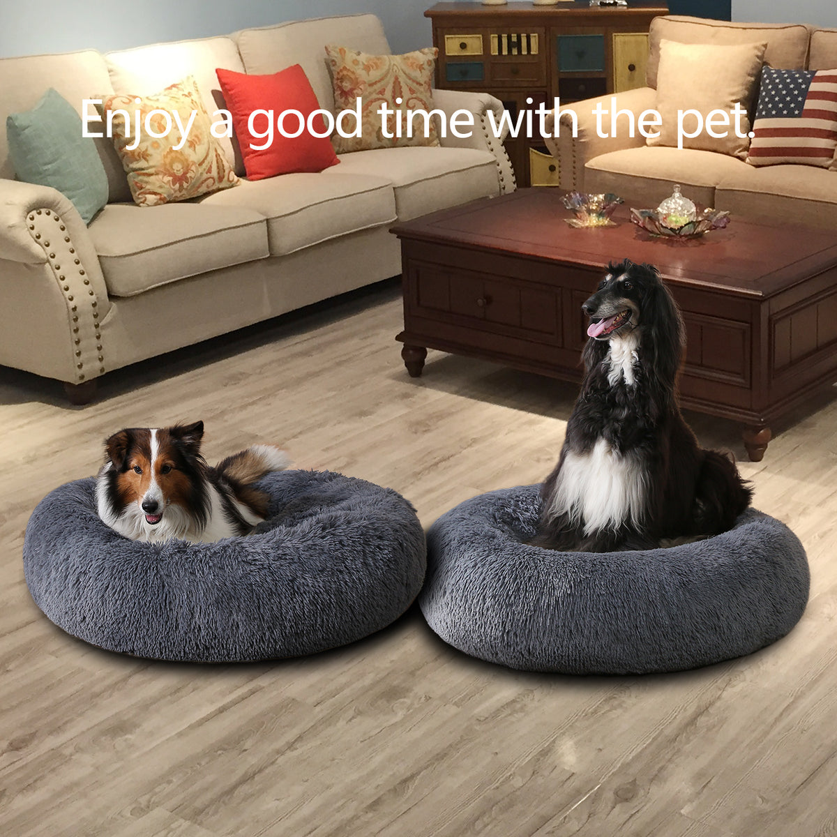 Calming donut beds by the sofa