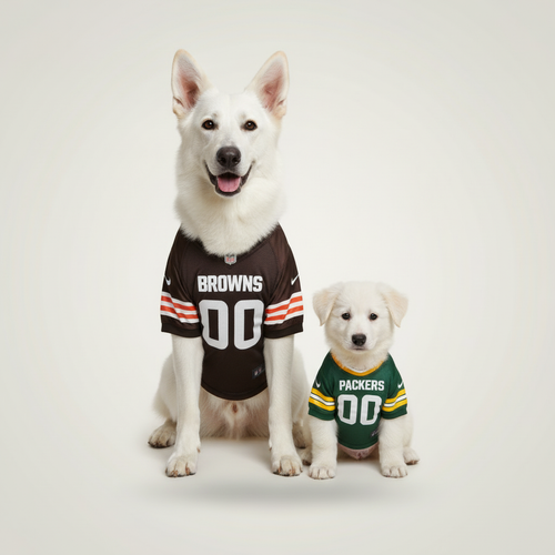 Two dogs wearing football team dog jerseys