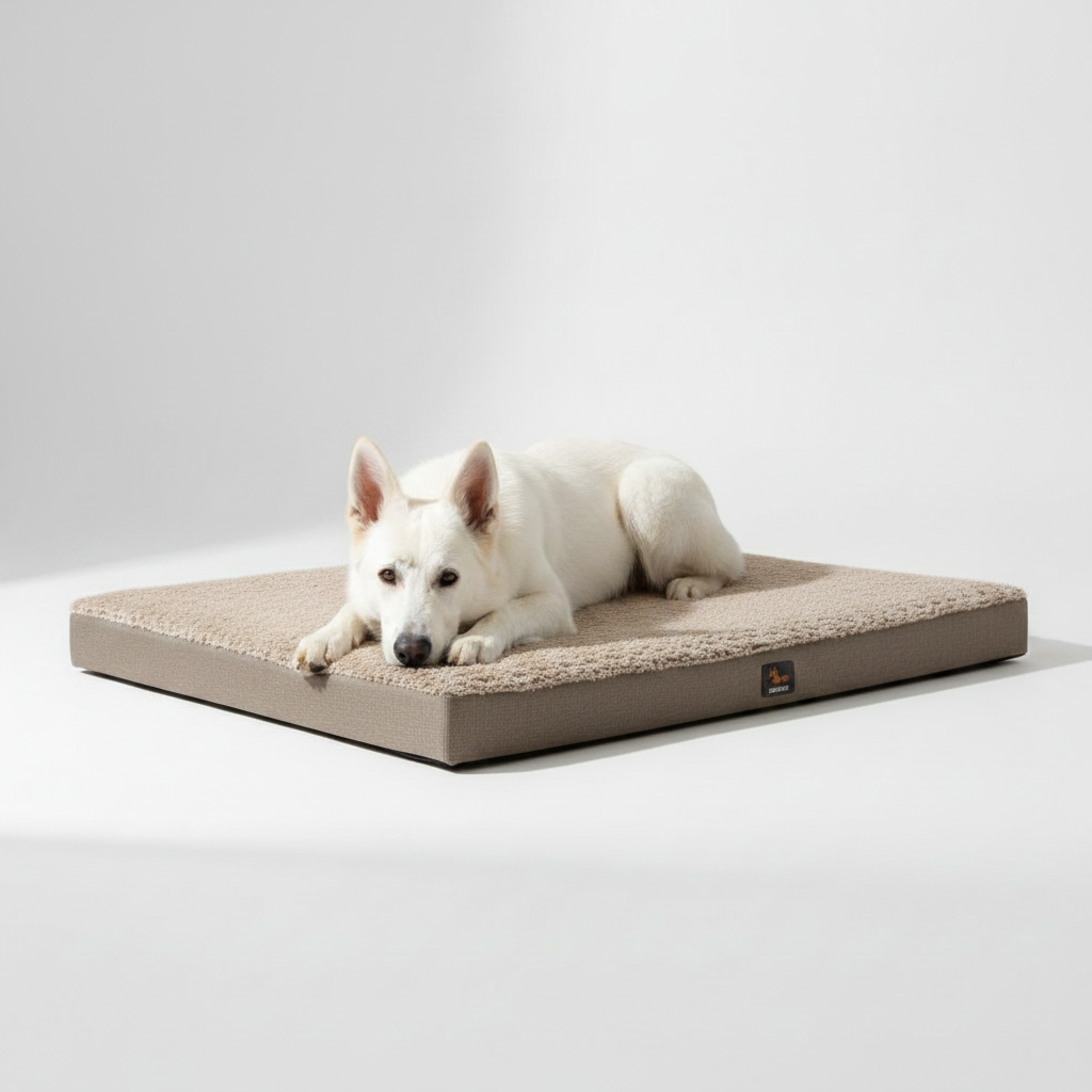 White Swiss Shepherd resting on beige Gray Coffee waterproof dog bed mat