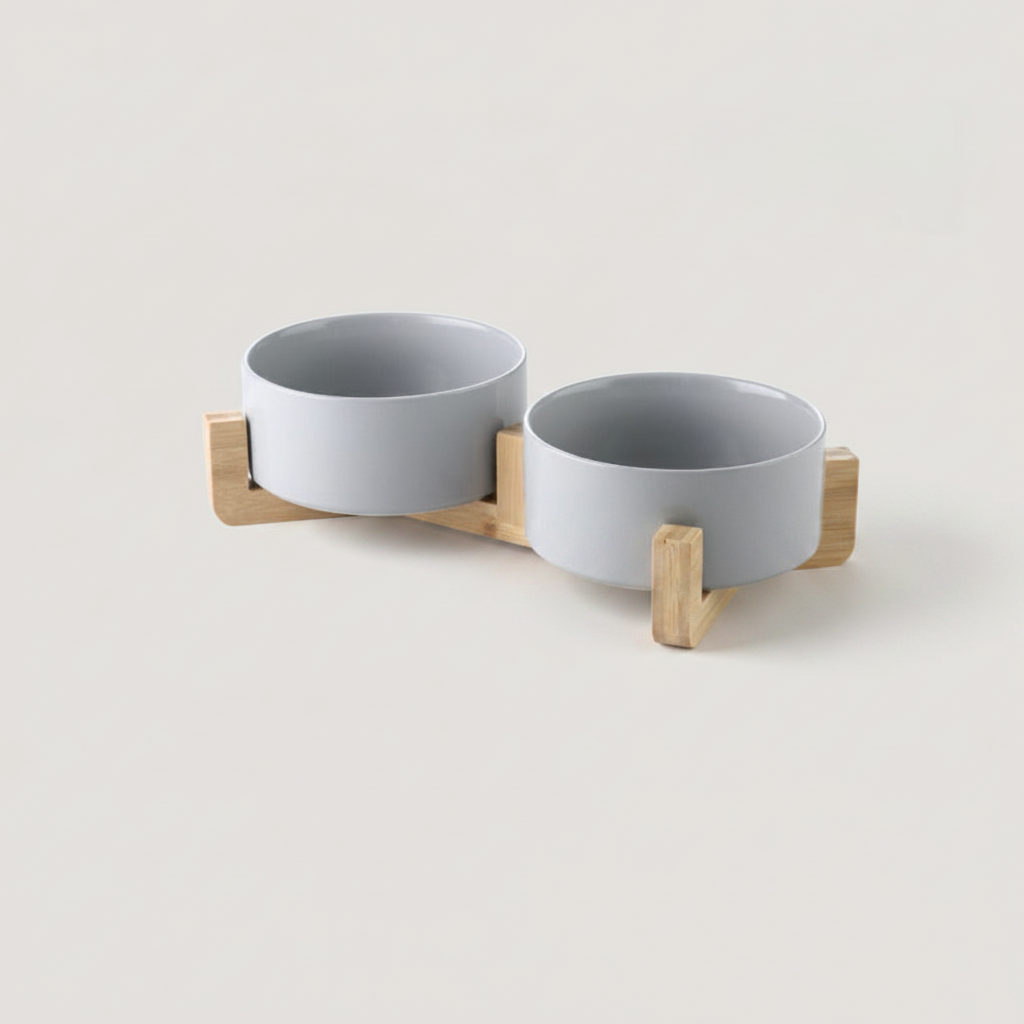 Stone grey ceramic double dog bowl set on natural bamboo stand