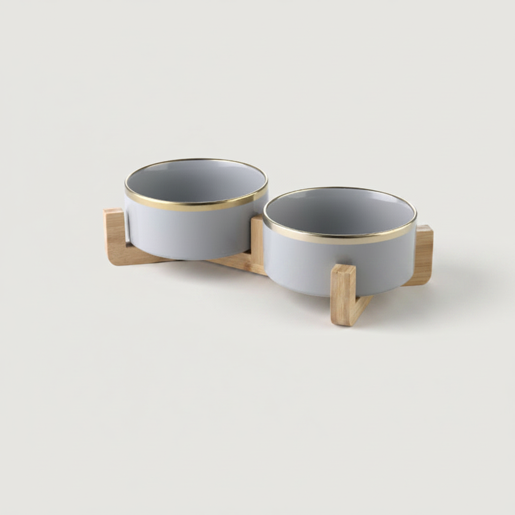 Stone grey ceramic double dog bowl set with gold rim on bamboo stand