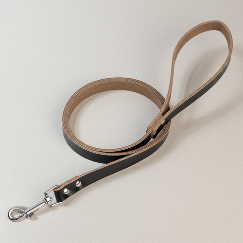 Brown genuine leather dog leash on neutral background