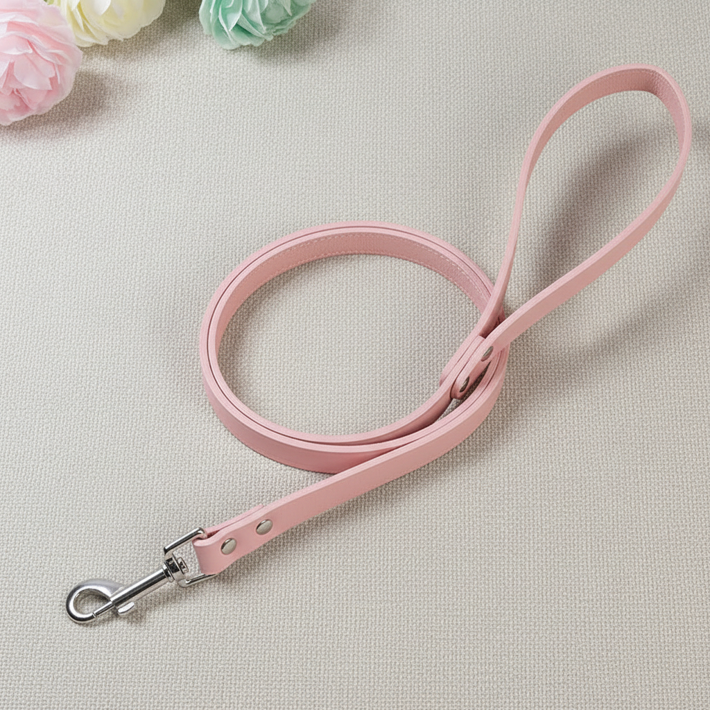 Pink genuine leather dog leash on neutral background