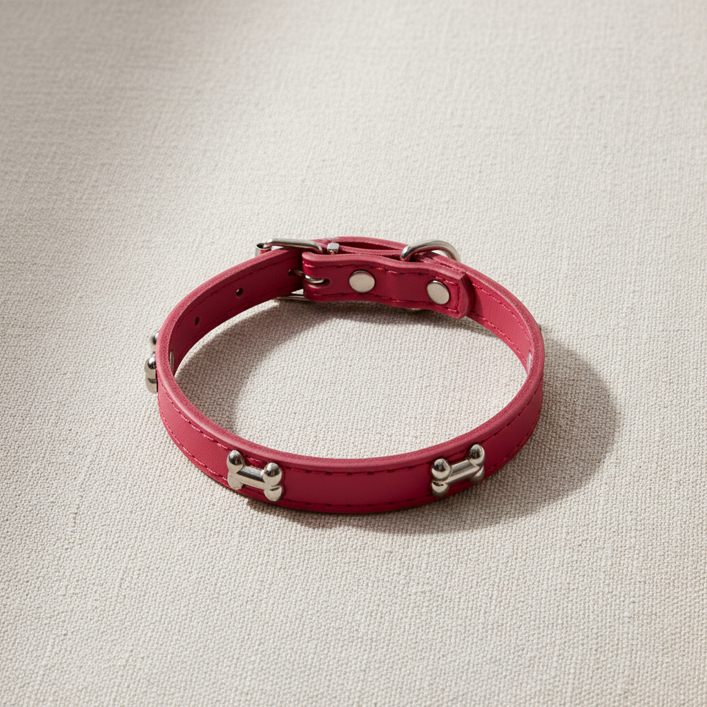 Rose red leather dog collar with bone studs on neutral background