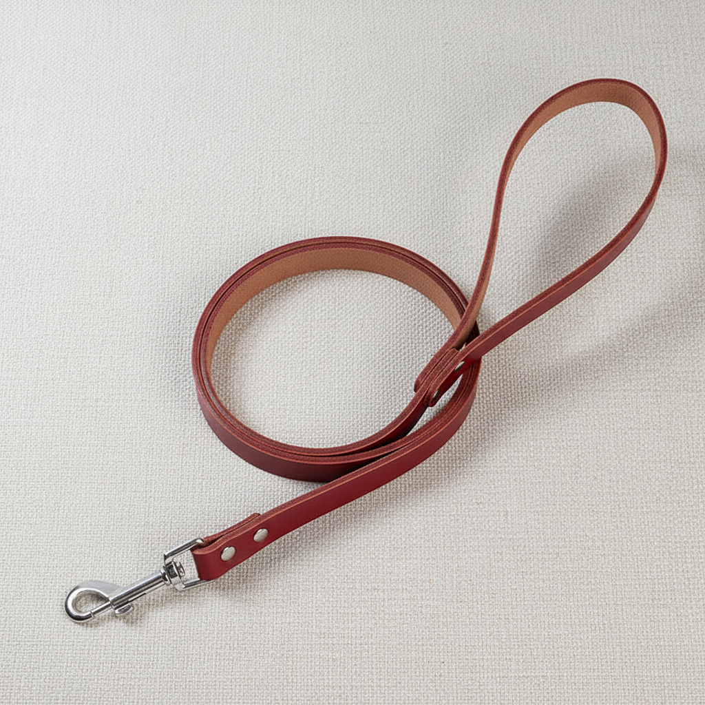 Red genuine leather dog leash on neutral background