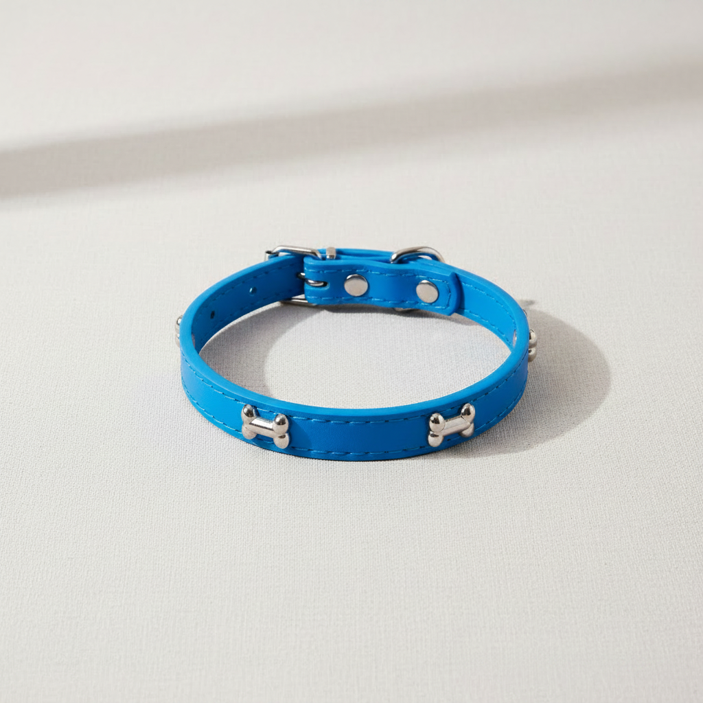Blue leather dog collar with silver bone studs on neutral background