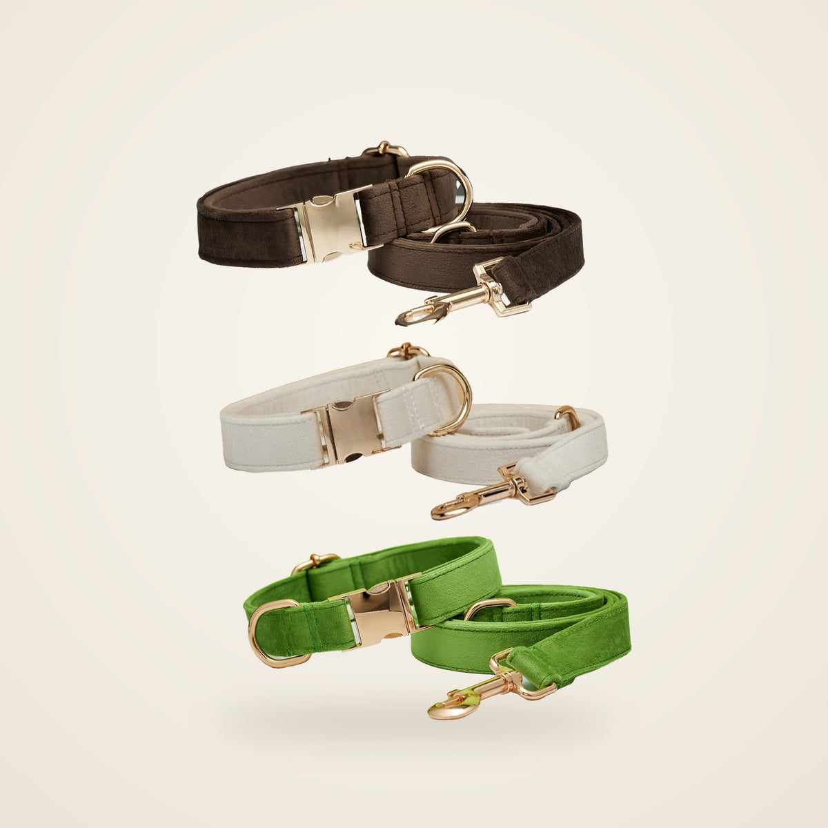 Velvet dog collar and leash sets in Coffee, Cream and Forest Green