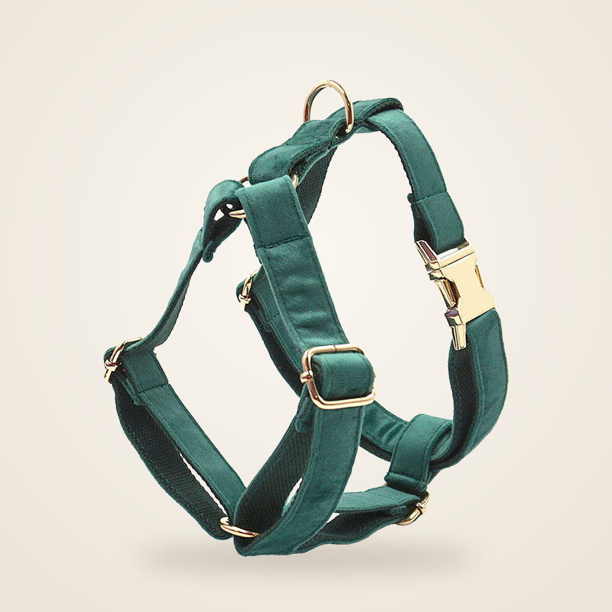 Emerald velvet Y-harness with gold hardware