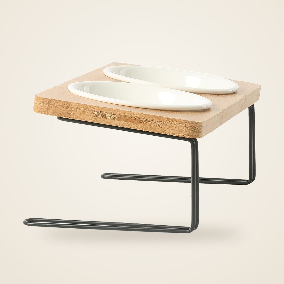 Elevated tilted ceramic double bowl set on bamboo and metal stand