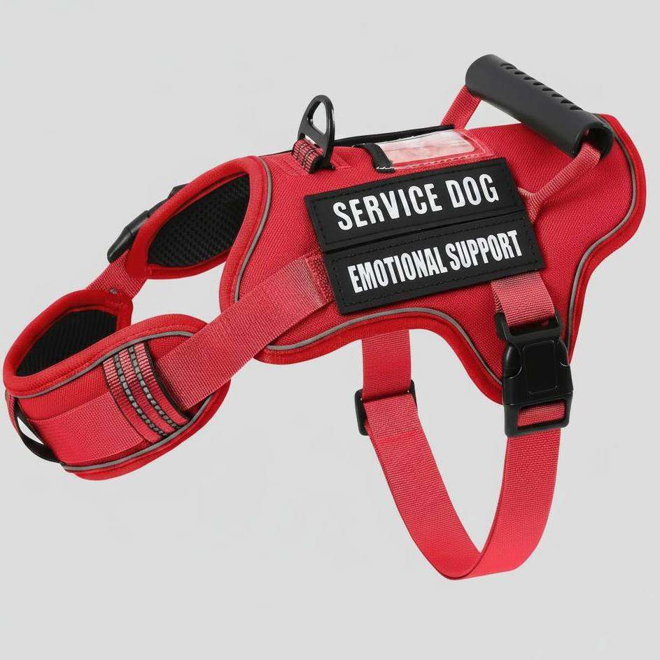 Red tactical dog harness with Service Dog and Emotional Support patches, ID pocket and top handle